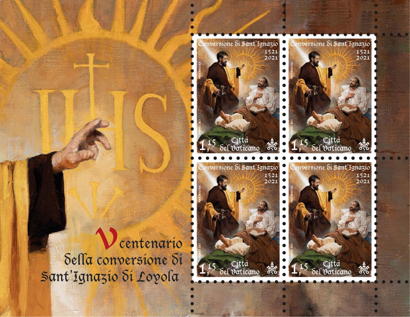 Sello del V Centenario de la conversión de San Ignacio de Loyola, de Raúl Berzosa 