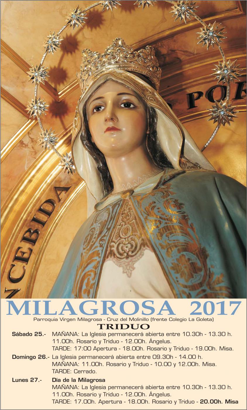 Cartel del Triduo a la Virgen de la Medalla Milagrosa en la parroquia Virgen Milagrosa y San Dámaso