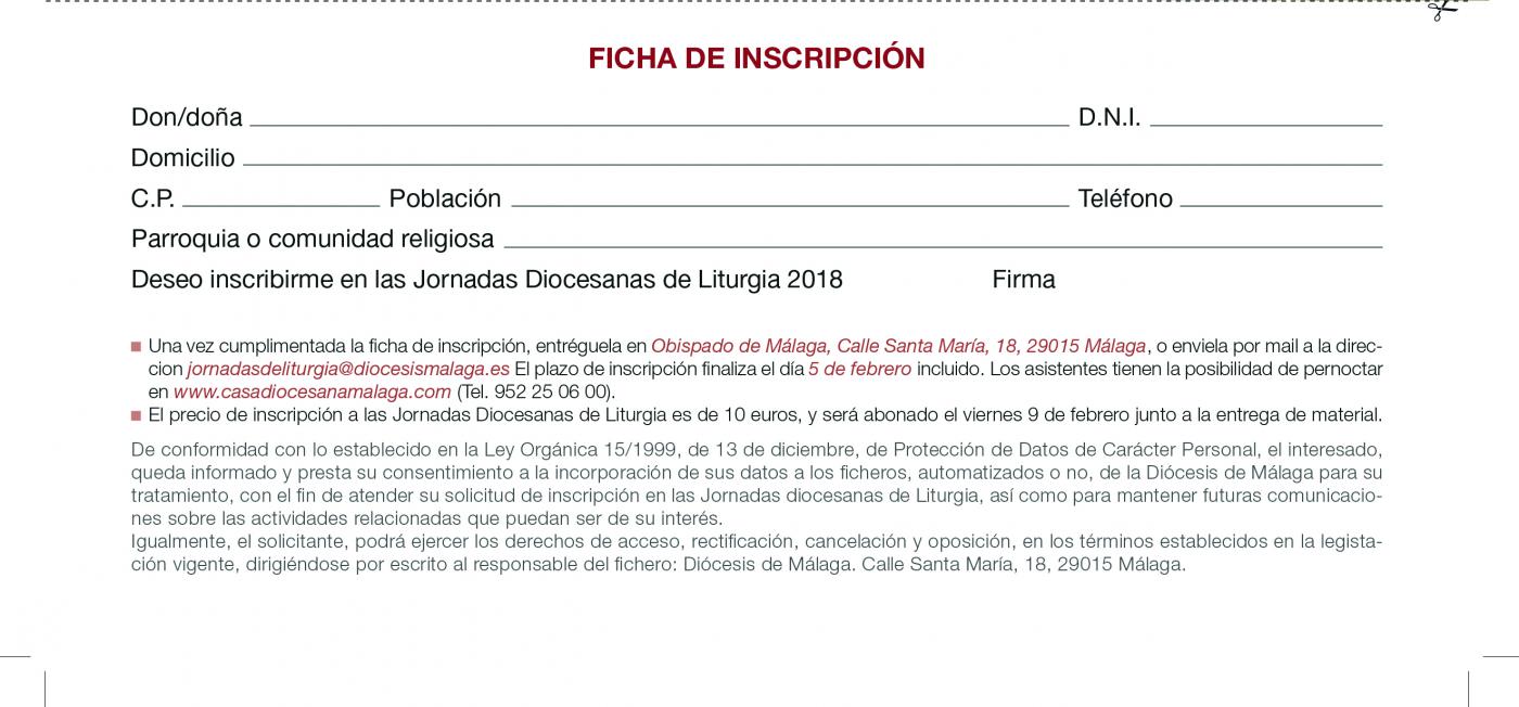 Ficha de inscripción para las XX Jornadas Diocesanas de Liturgia