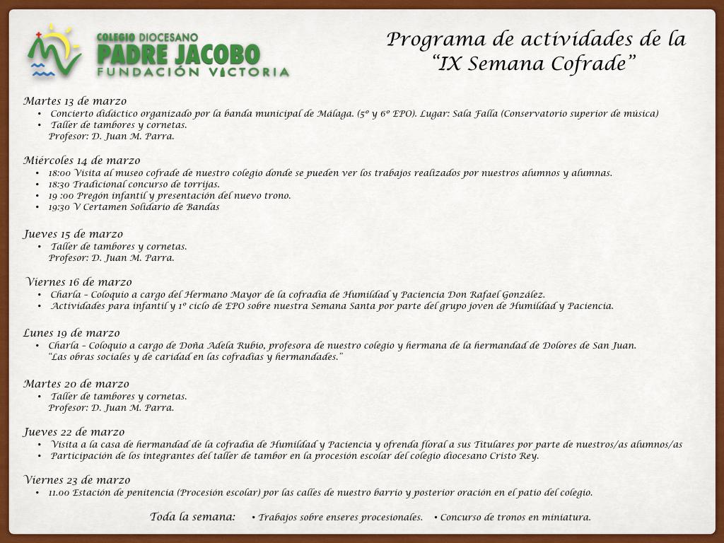 Programa de la Semana Cofrade del colegio Padre Jacobo