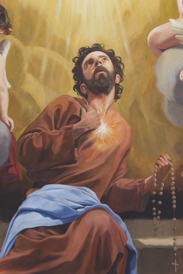 Éxtasis de San Felipe” del pintor malagueño Raúl Berzosa que decora una de las paredes de la parroquia de la Santa Cruz y San Felipe Neri y que la Oficina de Filatelia y Numismática de la Santa Sede utilizó en un sello conmemorativo del quinto centen