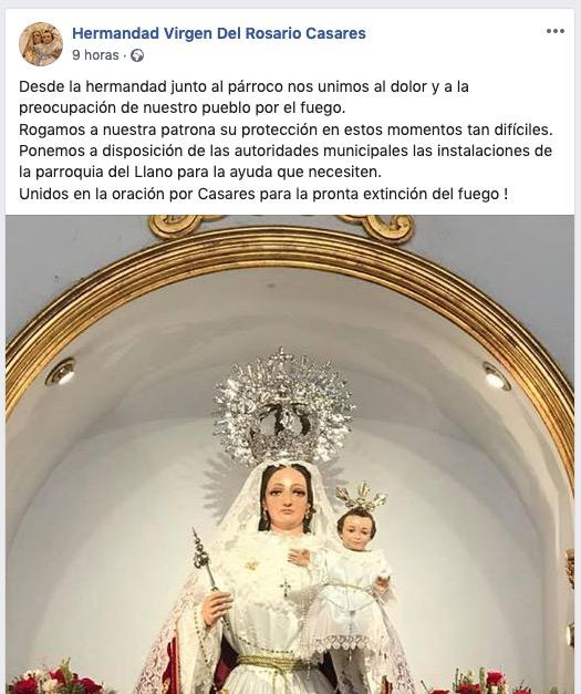 Mensaje difundido por la hermandad del Rosario y la parroquia en facebook