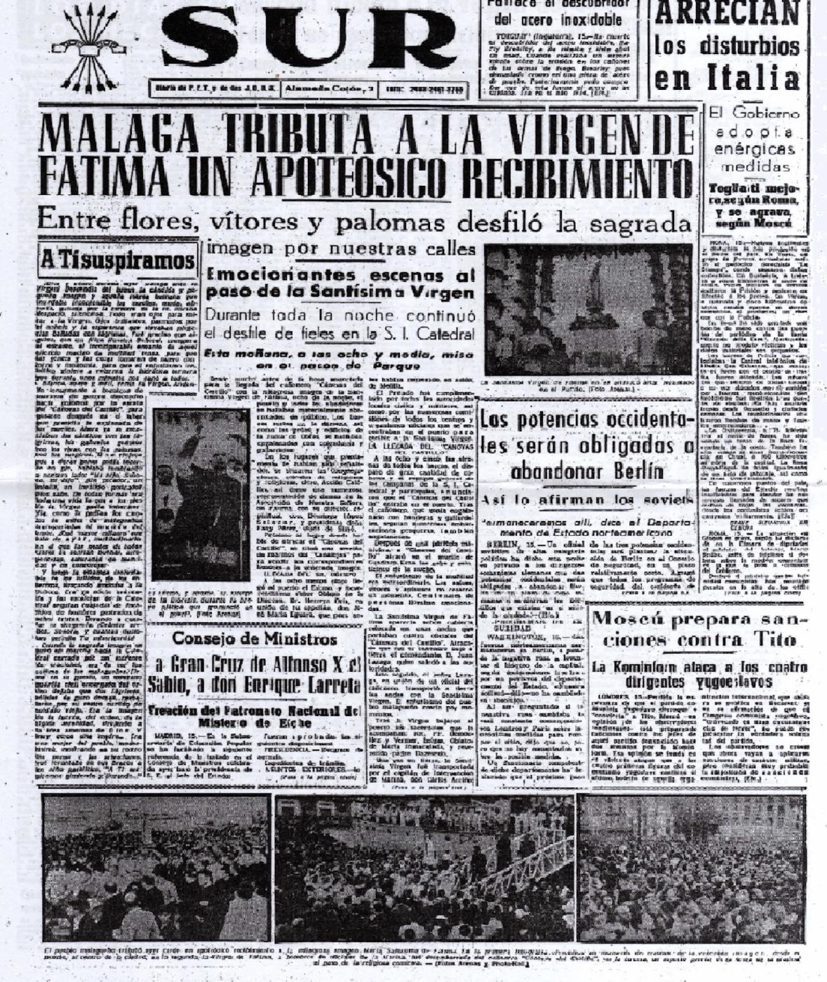 La portada del Diario Sur se hace eco de la llegada a Málaga de la imagen de la Virgen de Fátima (1948)