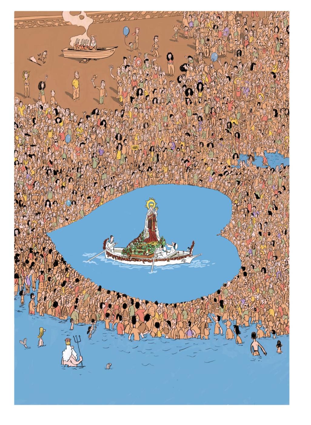 Dibujo de Pachi Idígoras para el cartel de la procesión del Carmen de Rincón de la Victoria