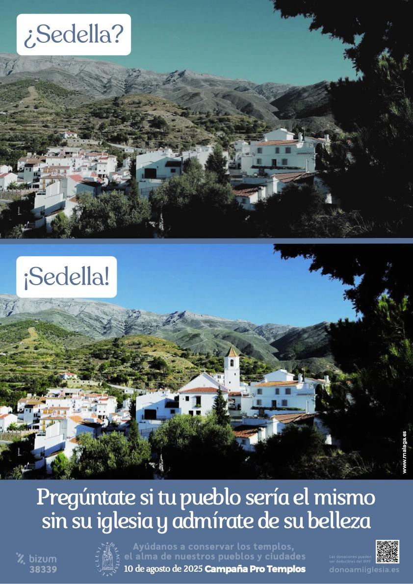 Cartel de la campaña Pro Templos con una imagen panorámica de Sedella a la que se le ha borrado la iglesia