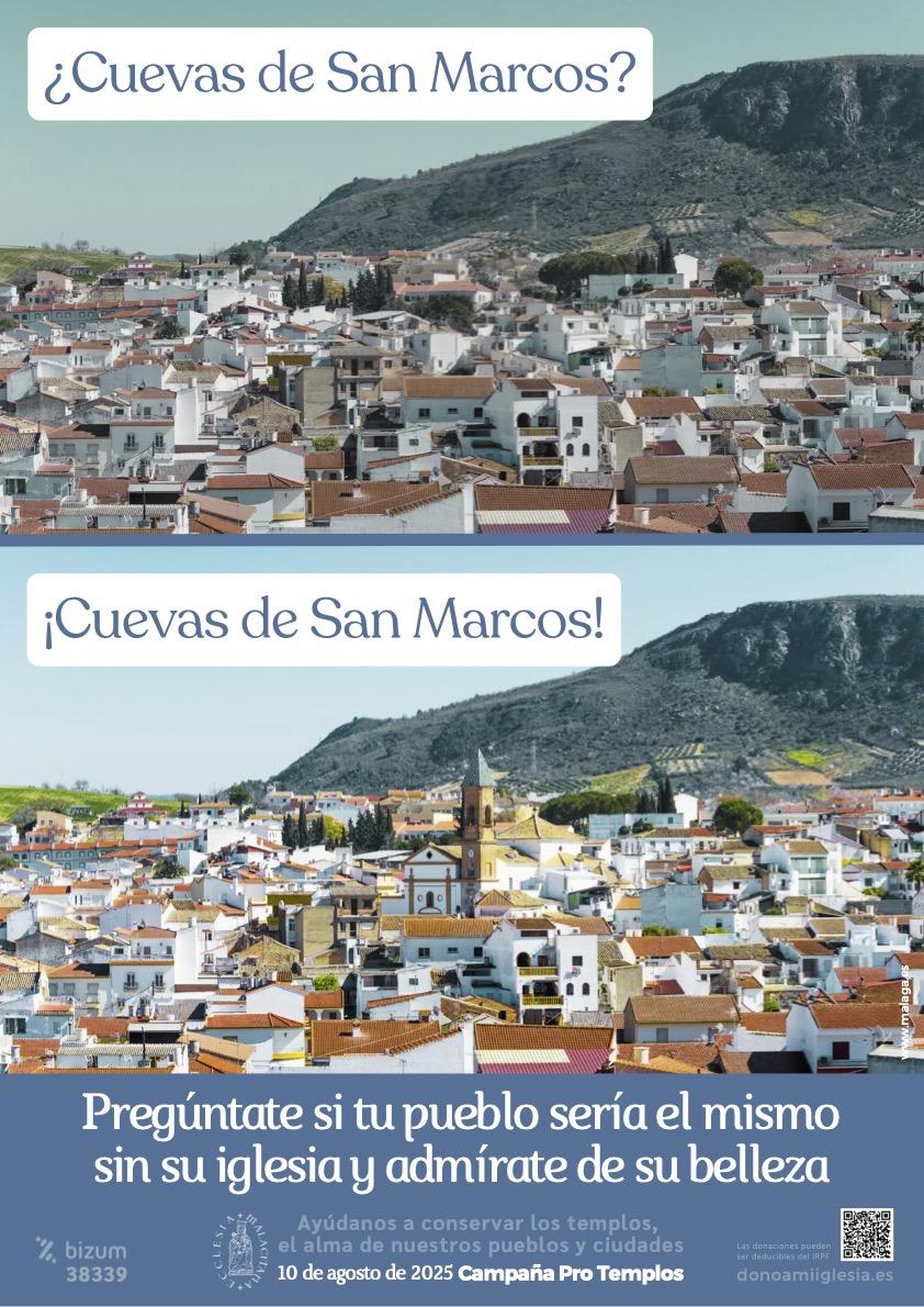 Cartel de la campaña Pro Templos con una imagen panorámica de Cuevas de San Marcos a la que se le ha borrado la iglesia